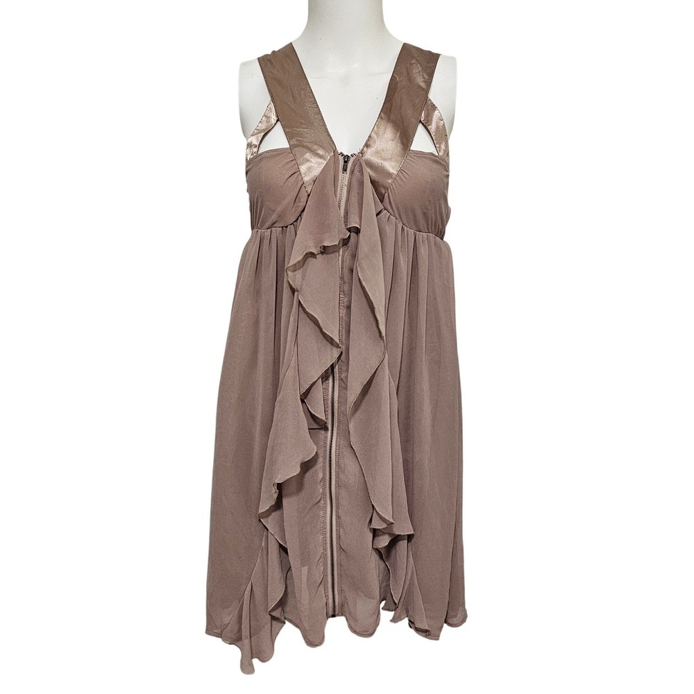 Chiffon Ruffle Mini‎ Dress S Taupe Brown Babydoll Y2K Fairygrunge Going Out HoCo